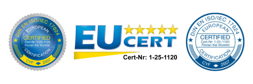 Zertifikatssiegel EUcert, DIN EN ISO/IEC 17024, Immobilienbewertung, Cert-Nr. 1-25-1120